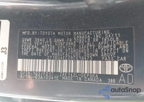 2011 Toyota Corolla S из США, поврежденный, VIN 2T1BU4EE0BC619473